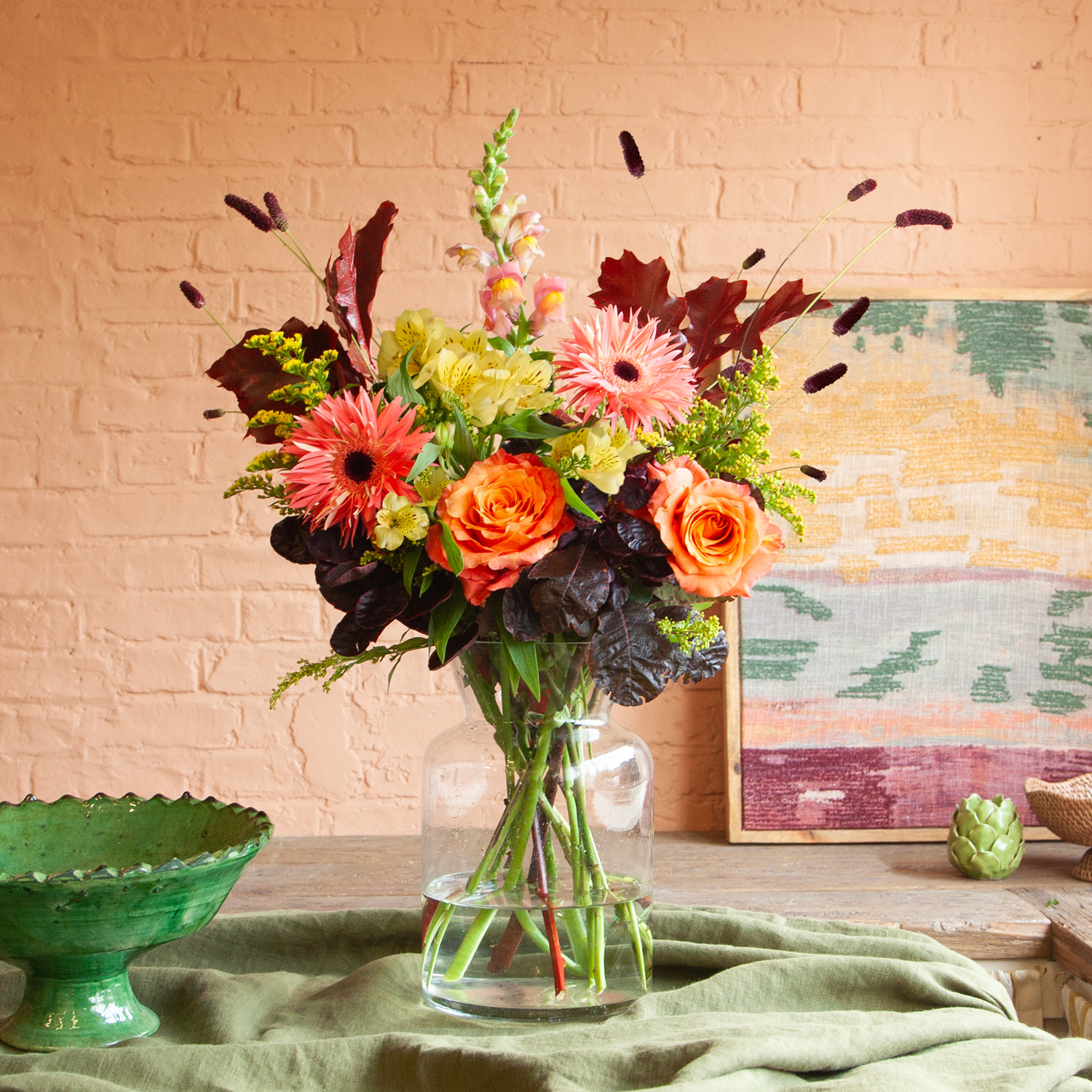 Beautiful chinese lantern, rose & gerbera bouquet - Freddie's Flowers image