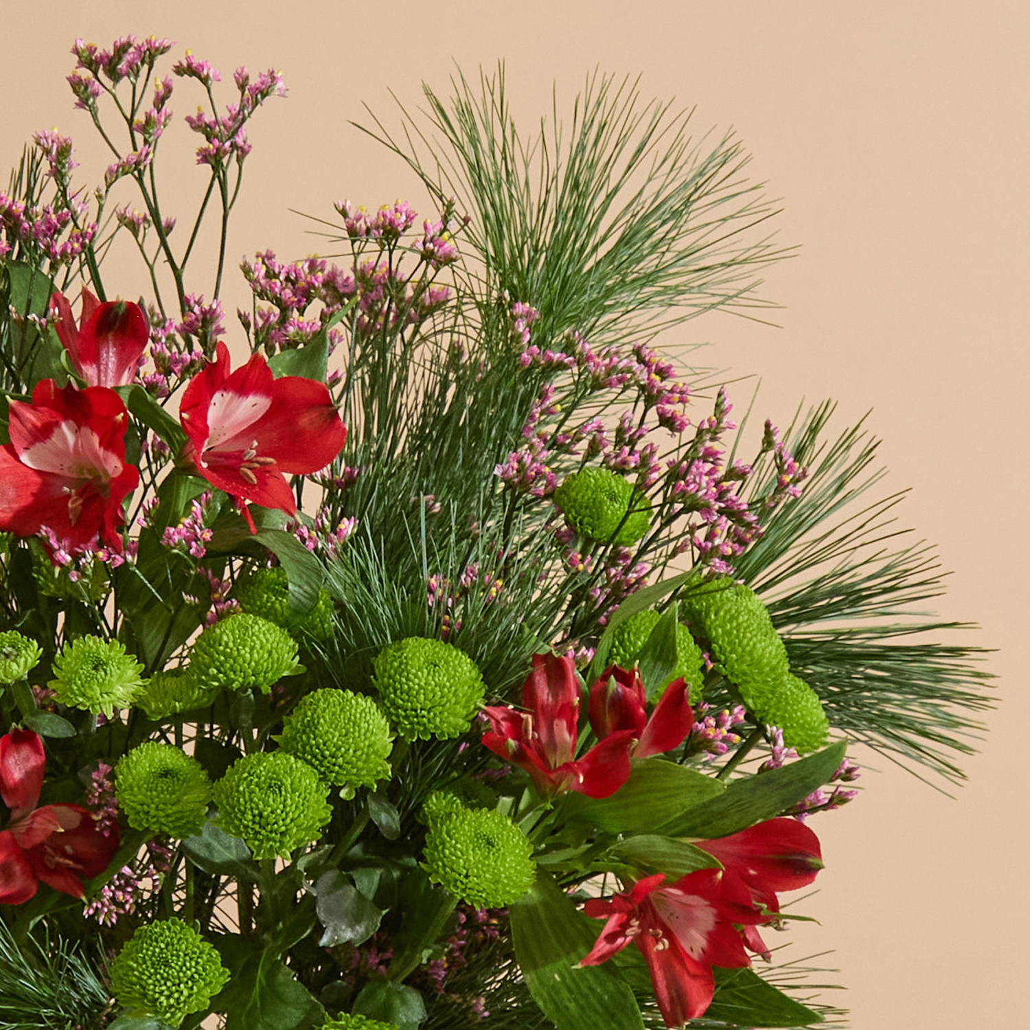Christmas flower bouquet with alstromeria, Santini and pine | Send flowers online | Lines from a Sonnet | size: letterbox, photo 3