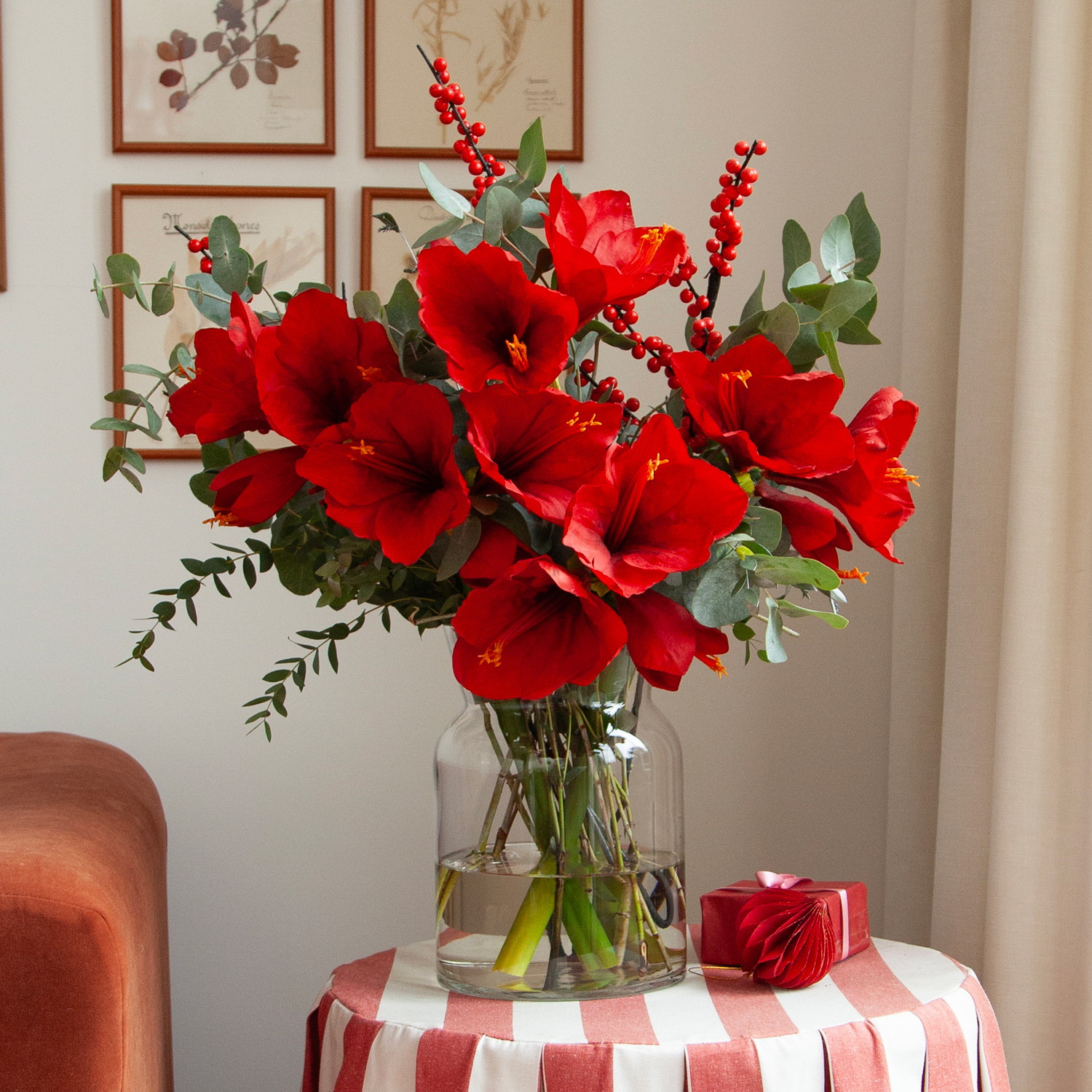Amaryllis christmas flower bouquet with red berries & eucalyptus | Beautiful red flowers | Send flowers online | The Extravaganza image