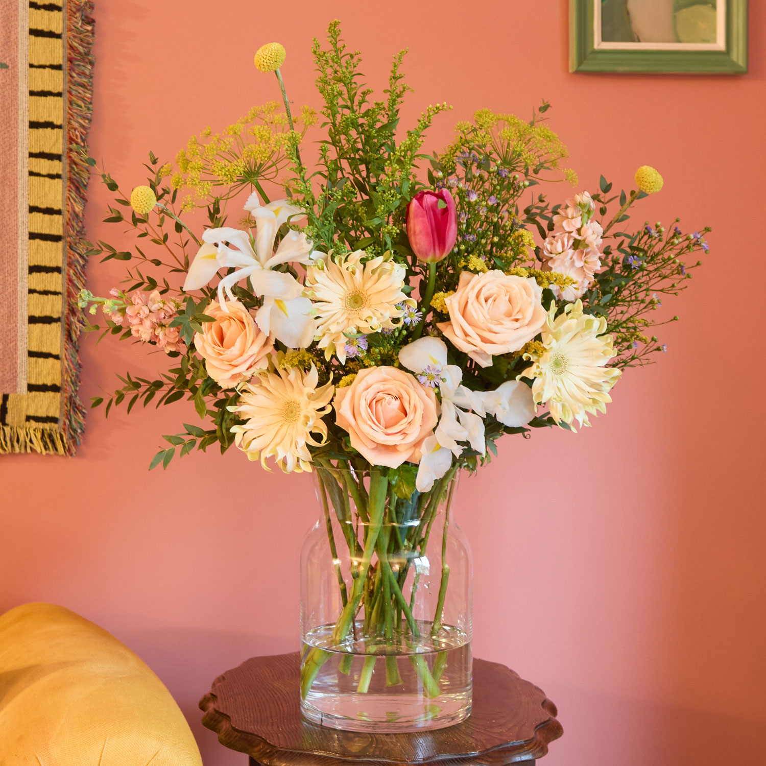 Easter flower bouquet with craspedia, gerberas & irises. | Send flowers online | Frosted Lime | size: showstopper, photo 2