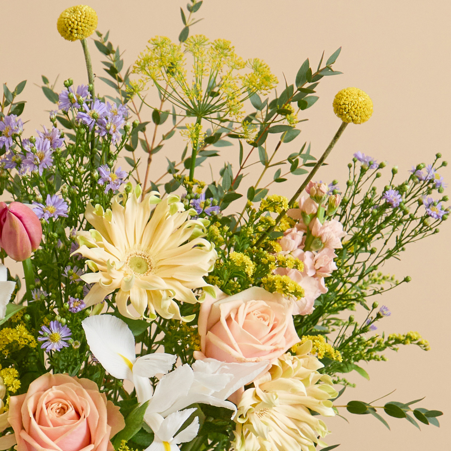Easter flower bouquet with craspedia, gerberas & irises. | Send flowers online | Frosted Lime | size: showstopper, photo 3