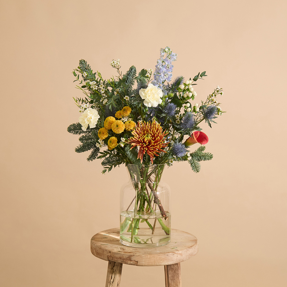 Christmas flower bouquet with pine, chrysanthemum & delphinium | Send flowers online | Frosted Embers image