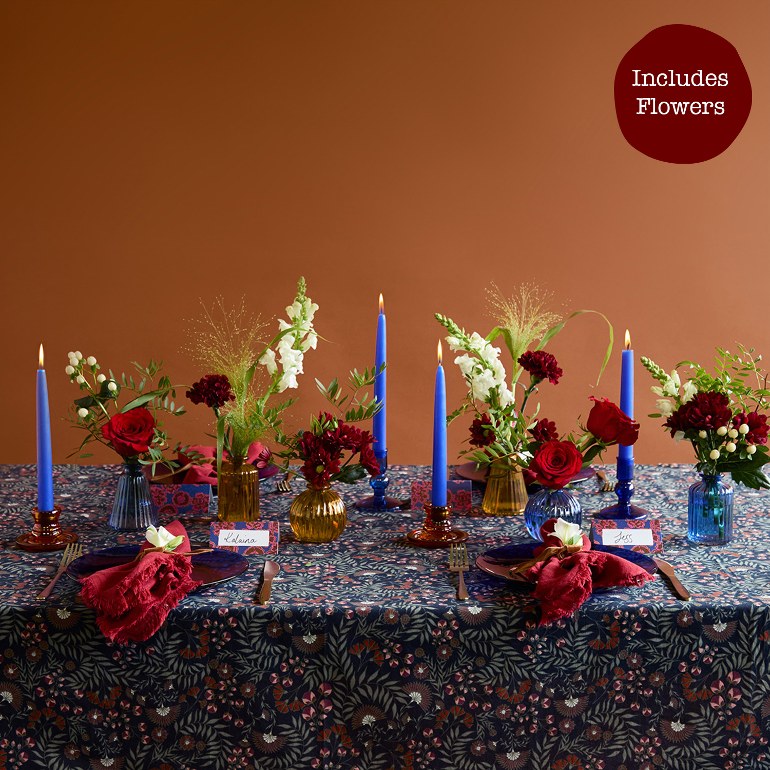 The Cobalt & Cognac Tablescape Set With Flowers